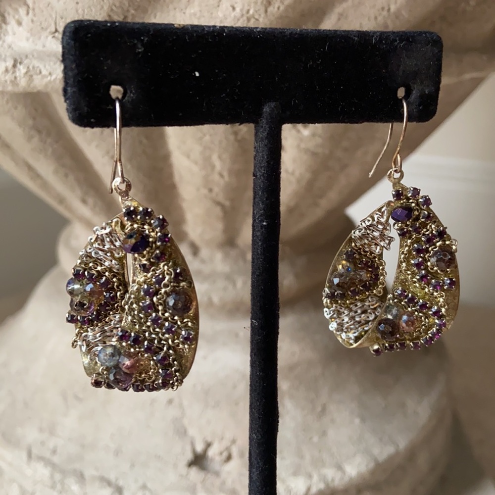 Brass Purple embellished beaded dangled earrings